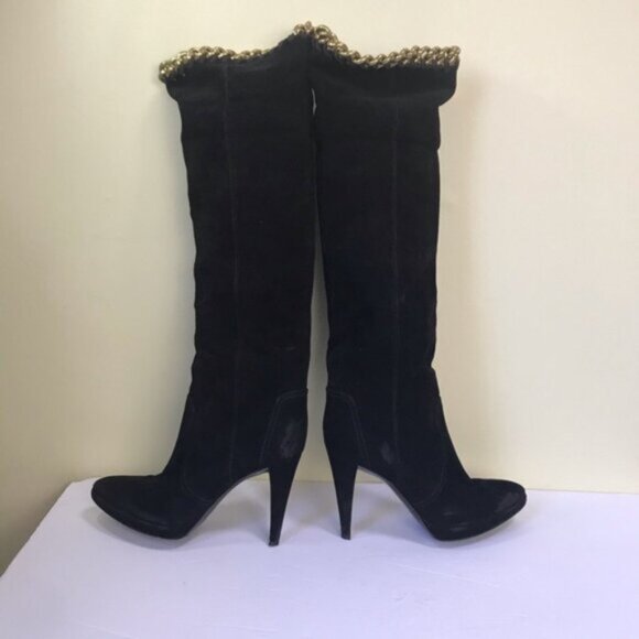 Sergio Rossi Over Knee Suede Chain Trim Tall Boots Leather Heel Platform Brown 8 - Picture 6 of 16